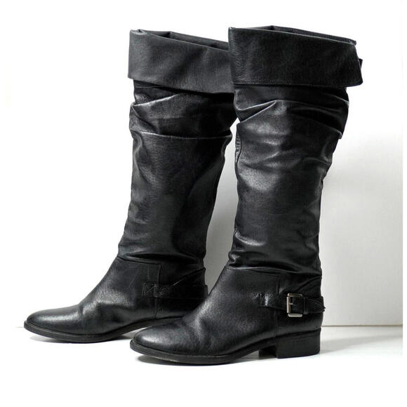 VTG Steve Madden Black Leather Slouchy Knee High Boots Womens 8 Block Heel Y2K - Picture 1 of 8